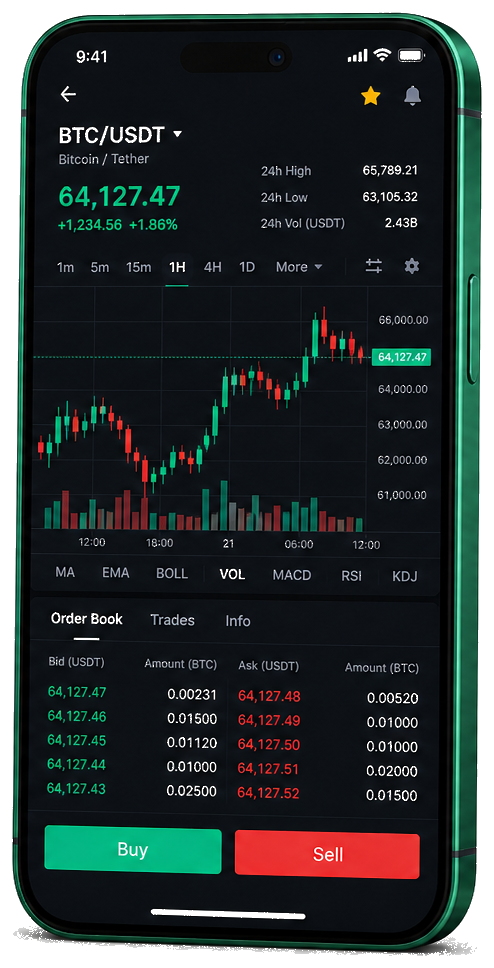 Patagonia Nexus app móvil de trading — cotización BTC/USDT en directo, profundidad de mercado y panel de órdenes